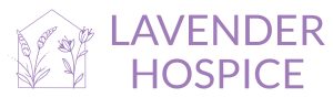 Minimalist line art logo with a lavender sprig and flower inside a house outline on the left. The words LAVENDER HOSPICE are in bold, uppercase letters to the right. The entire design is in a soft lavender color.