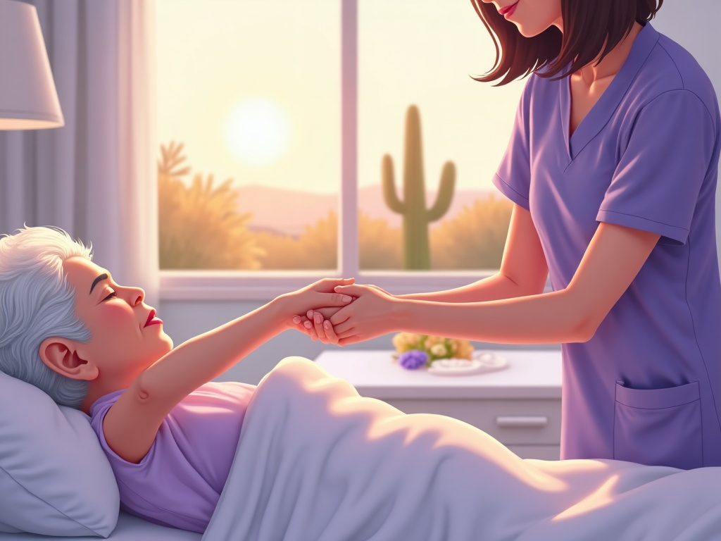 A how to get hospice started after a hospital stay consultation where a hospice nurse in lavender scrubs sits with an elderly patient and his adult daughter in a warmly lit Arizona home living room.