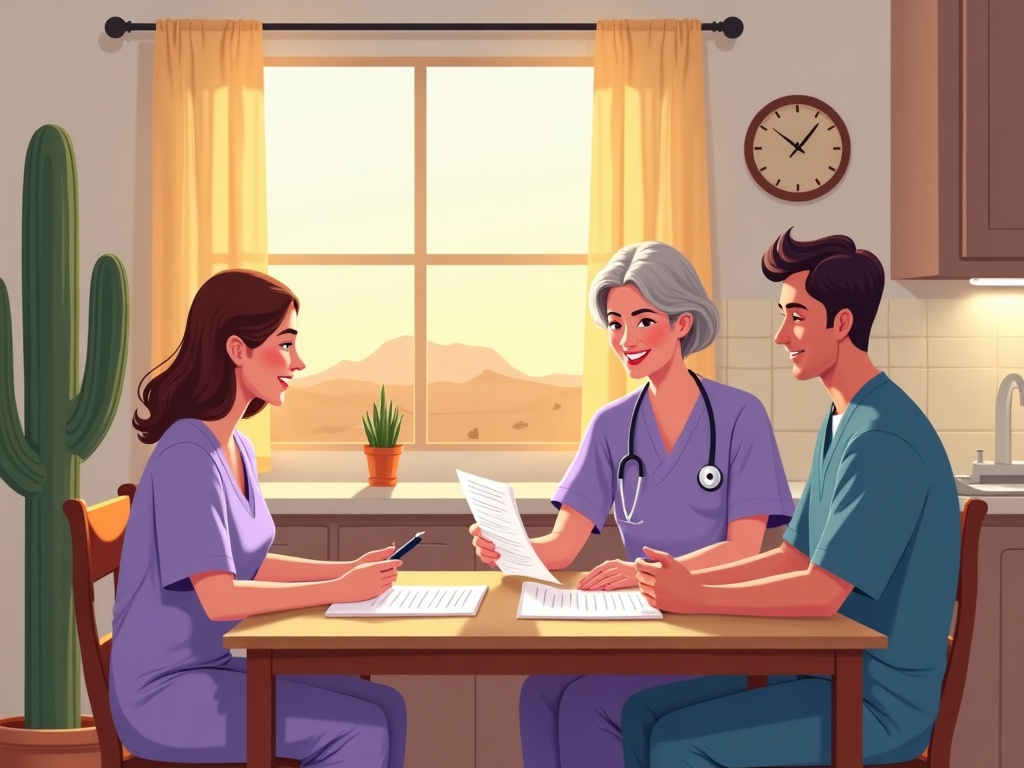 A how to get hospice started after a hospital stay consultation where a hospice nurse in lavender scrubs sits with an elderly patient and his adult daughter in a warmly lit Arizona home living room.