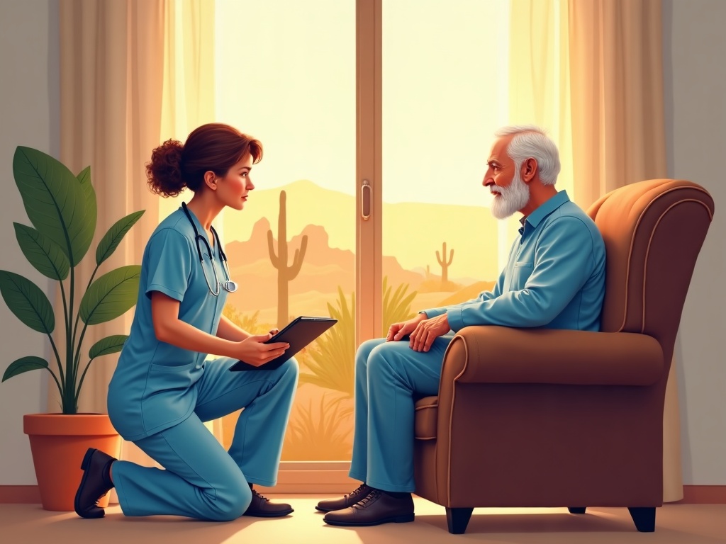 A home hospice nurse gently reviewing care notes with an elderly patient in a sunny Arizona bedroom — illustrating what to expect from a home hospice nurse during week one.