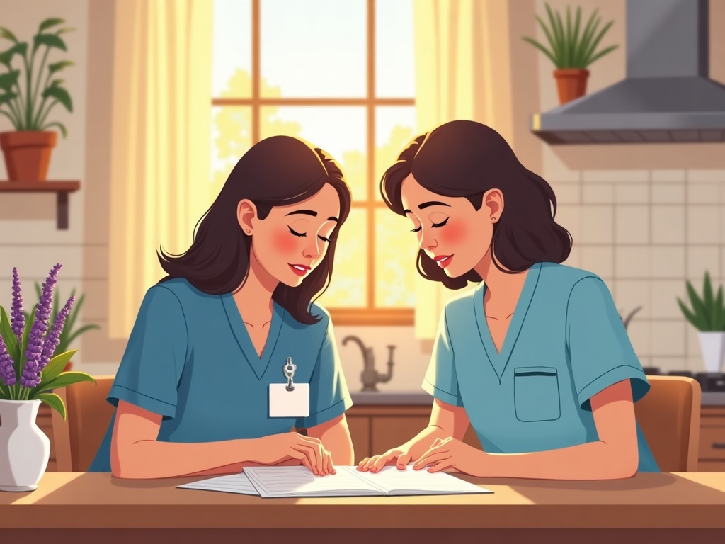 A home hospice nurse gently reviewing care notes with an elderly patient in a sunny Arizona bedroom — illustrating what to expect from a home hospice nurse during week one.