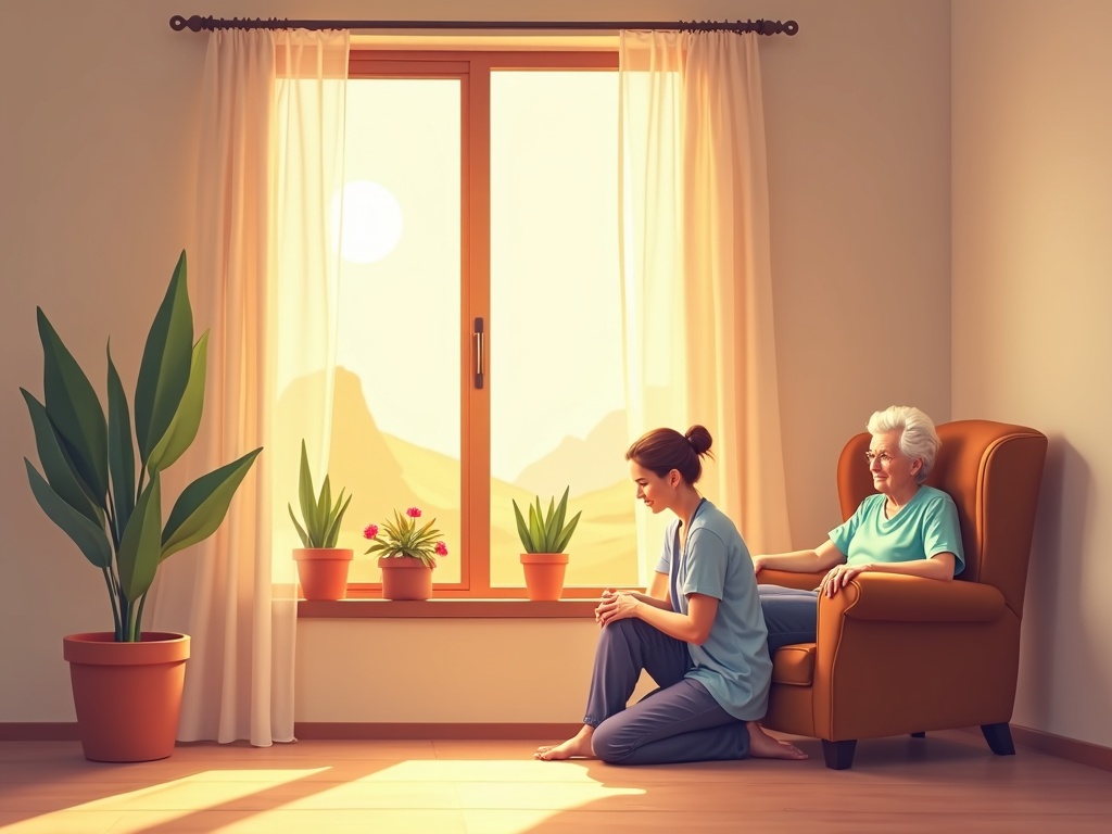 A hospice nurse attentively listening to an elderly patient during a care visit, reflecting the practice of tailoring hospice care to a patient's personality