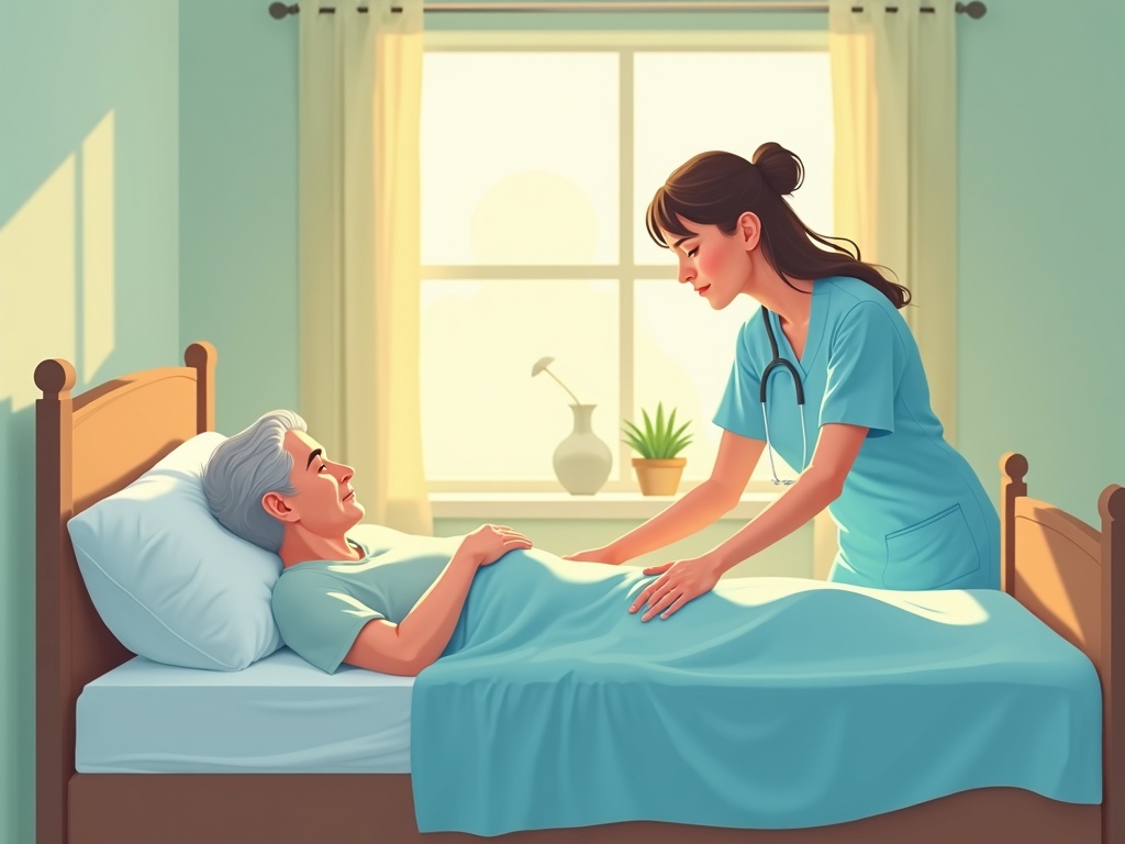 A sunlit Arizona bedroom thoughtfully arranged to show how to prepare your home for hospice care, with a hospital bed near a window and a family photo on the nightstand