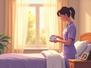 A hospice nurse reviewing what comfort medications come in the hospice kit beside a patient's bed in a sunlit home bedroom.