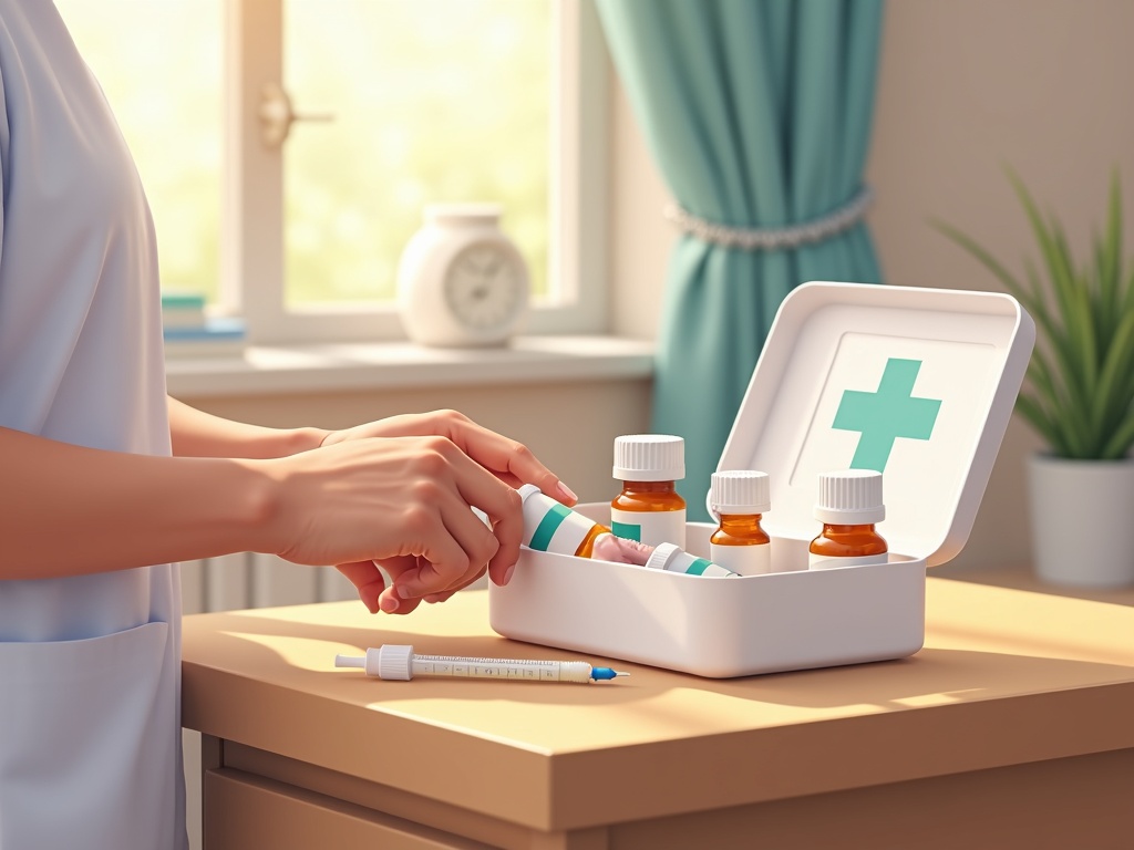 A hospice nurse reviewing what comfort medications come in the hospice kit beside a patient's bed in a sunlit home bedroom.