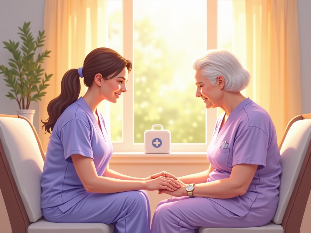 A hospice nurse reviewing what comfort medications come in the hospice kit beside a patient's bed in a sunlit home bedroom.