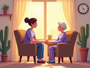 A hospice nurse in lavender scrubs holding an elderly patient's hand in a sunny assisted living room, illustrating how can hospice come to an assisted living facility in Mesa or Gilbert
