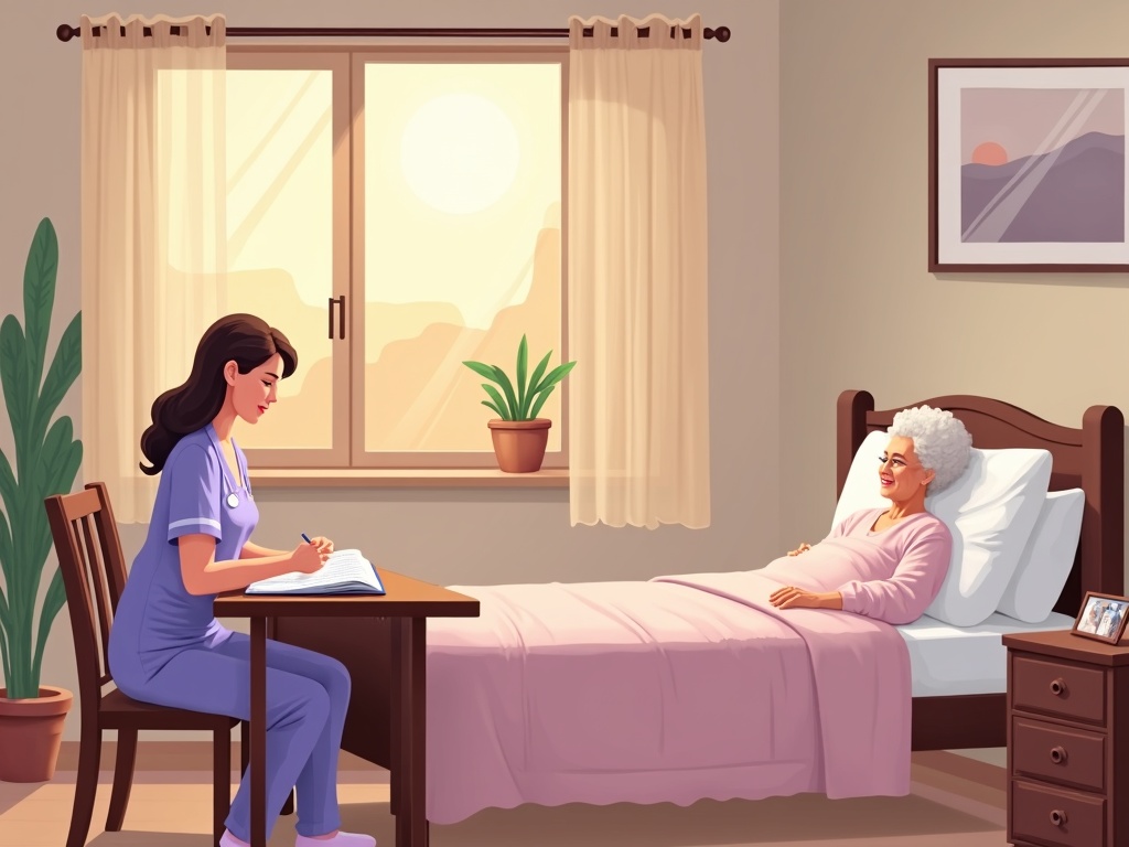 A hospice nurse in lavender scrubs holding an elderly patient's hand in a sunny assisted living room, illustrating how can hospice come to an assisted living facility in Mesa or Gilbert