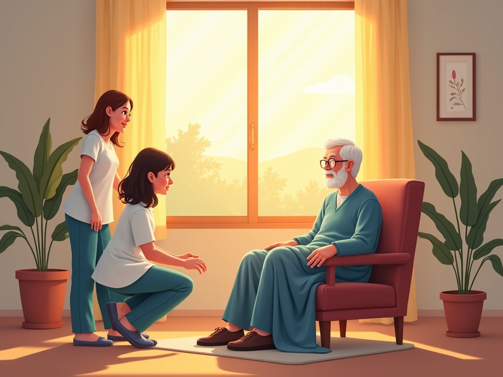 A hospice nurse in lavender scrubs holding an elderly patient's hand in a sunny assisted living room, illustrating how can hospice come to an assisted living facility in Mesa or Gilbert
