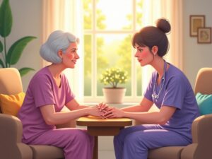 A hospice nurse providing can hospice come to an assisted living in a sunlit assisted living room, holding an elderly patient's hand with gentle reassurance