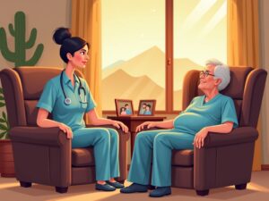 A hospice nurse providing compassionate care during remote family member hospice coordination at a patient's home in the Maricopa County area