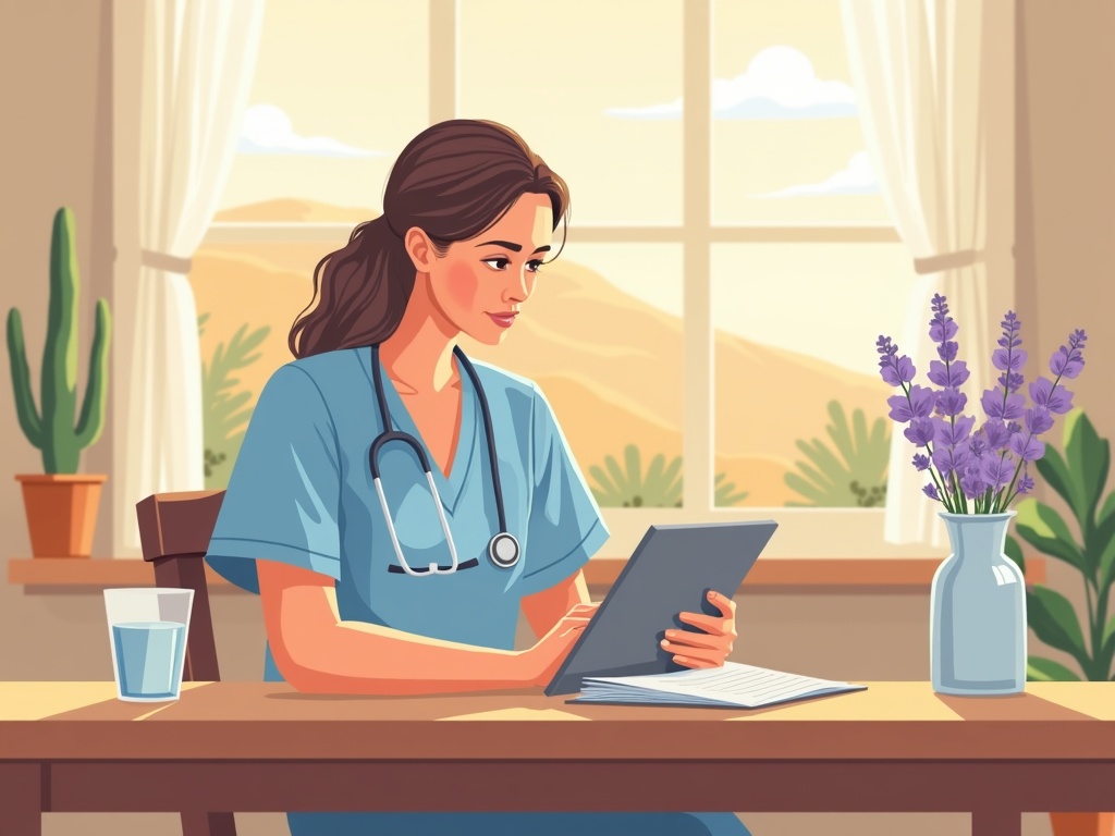A hospice nurse providing compassionate care during remote family member hospice coordination at a patient's home in the Maricopa County area
