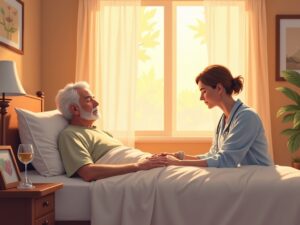 A hospice nurse offering compassionate bedside care to an elderly man at home, reflecting what end stage heart failure feels like and the comfort hospice provides.