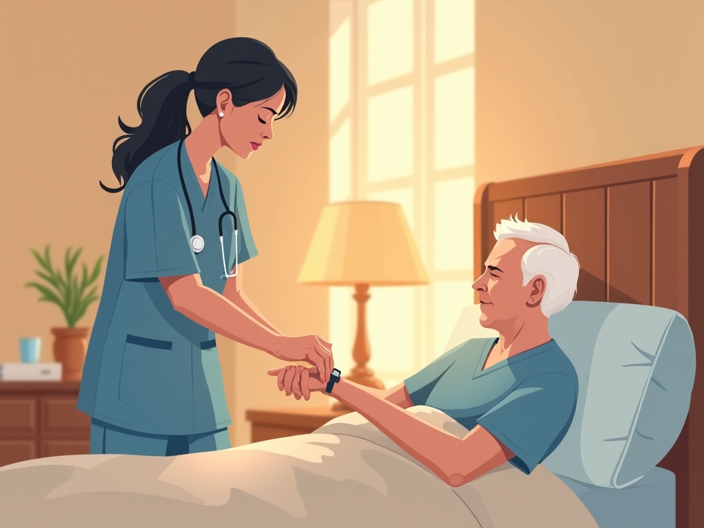 A hospice nurse offering compassionate bedside care to an elderly man at home, reflecting what end stage heart failure feels like and the comfort hospice provides.