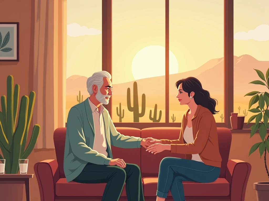 A hospice nurse offering compassionate bedside care to an elderly man at home, reflecting what end stage heart failure feels like and the comfort hospice provides.