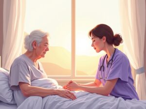 A hospice nurse gently holding an elderly patient's hand in a peaceful sunlit bedroom, providing compassionate care during what is terminal delirium