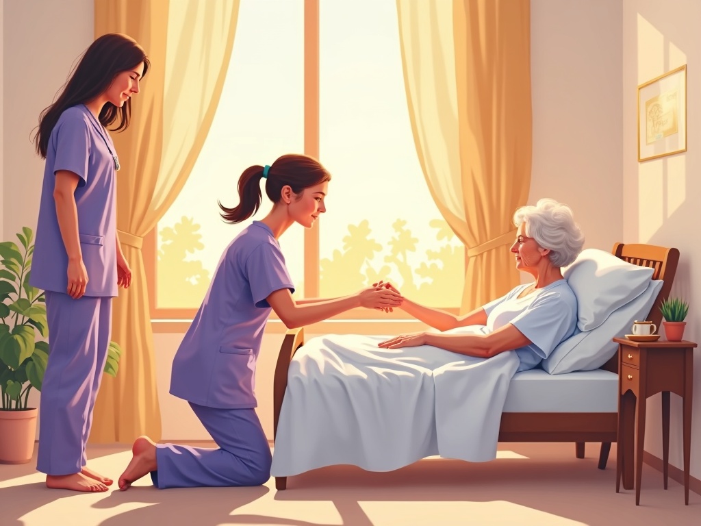 A hospice nurse gently holding an elderly patient's hand in a peaceful sunlit bedroom, providing compassionate care during what is terminal delirium
