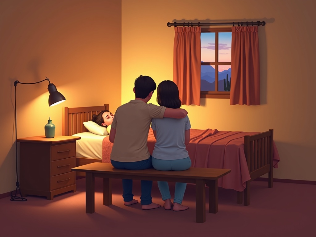 A hospice nurse gently holding an elderly patient's hand in a peaceful sunlit bedroom, providing compassionate care during what is terminal delirium