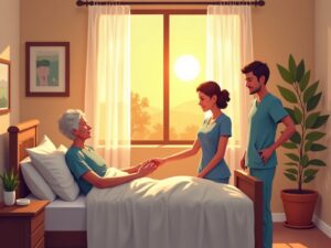 A hospice nurse sitting beside an elderly patient in a sunlit Arizona home bedroom, illustrating the compassionate answer to can you leave hospice care at any time.