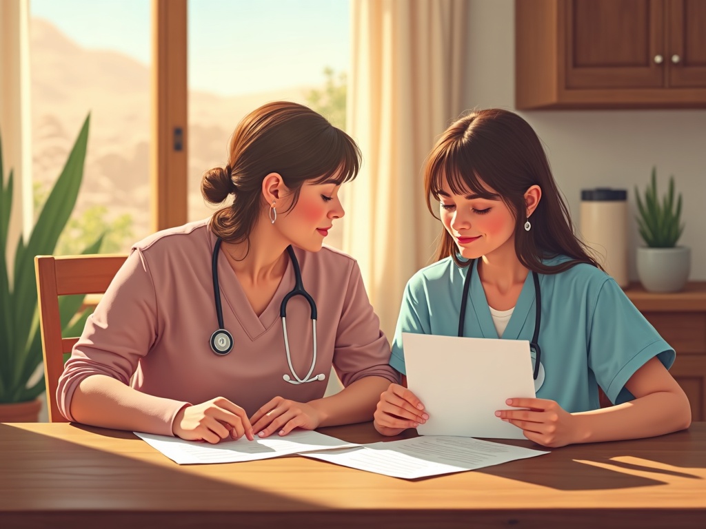 A hospice nurse sitting beside an elderly patient in a sunlit Arizona home bedroom, illustrating the compassionate answer to can you leave hospice care at any time.