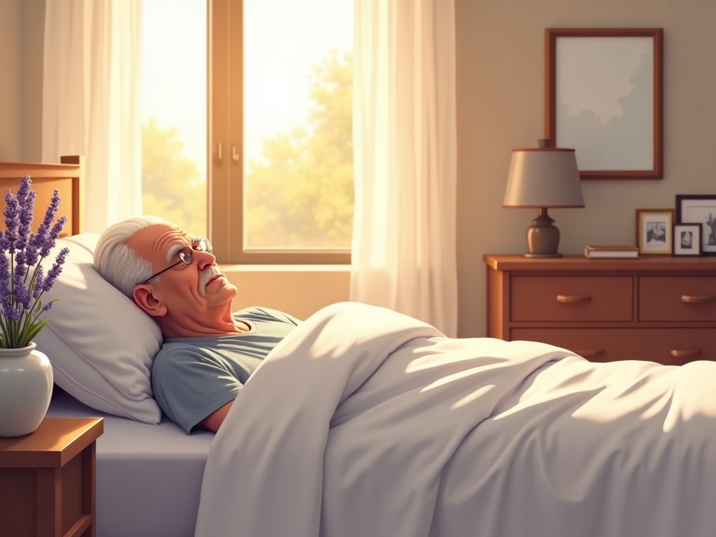 A hospice nurse sitting beside an elderly patient in a sunlit Arizona home bedroom, illustrating the compassionate answer to can you leave hospice care at any time.