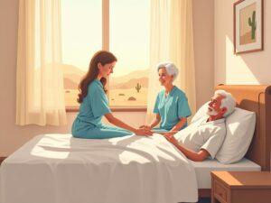 A hospice nurse holding an elderly patient's hand in a sunlit Arizona home bedroom — the kind of early, attentive care that illustrates why early hospice enrollment leads to better outcomes for patients and families.