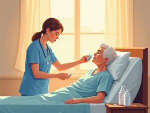 a hospice nurse performing mouth care end of life for an elderly patient in a warmly lit home bedroom