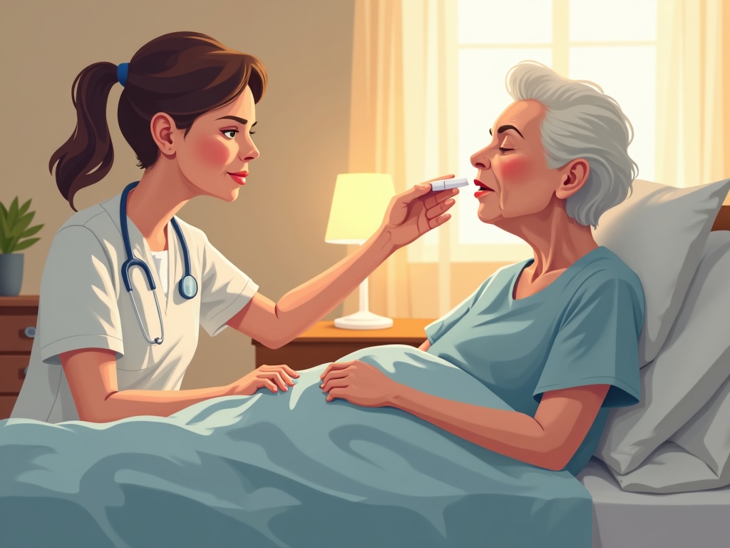 a hospice nurse performing mouth care end of life for an elderly patient in a warmly lit home bedroom