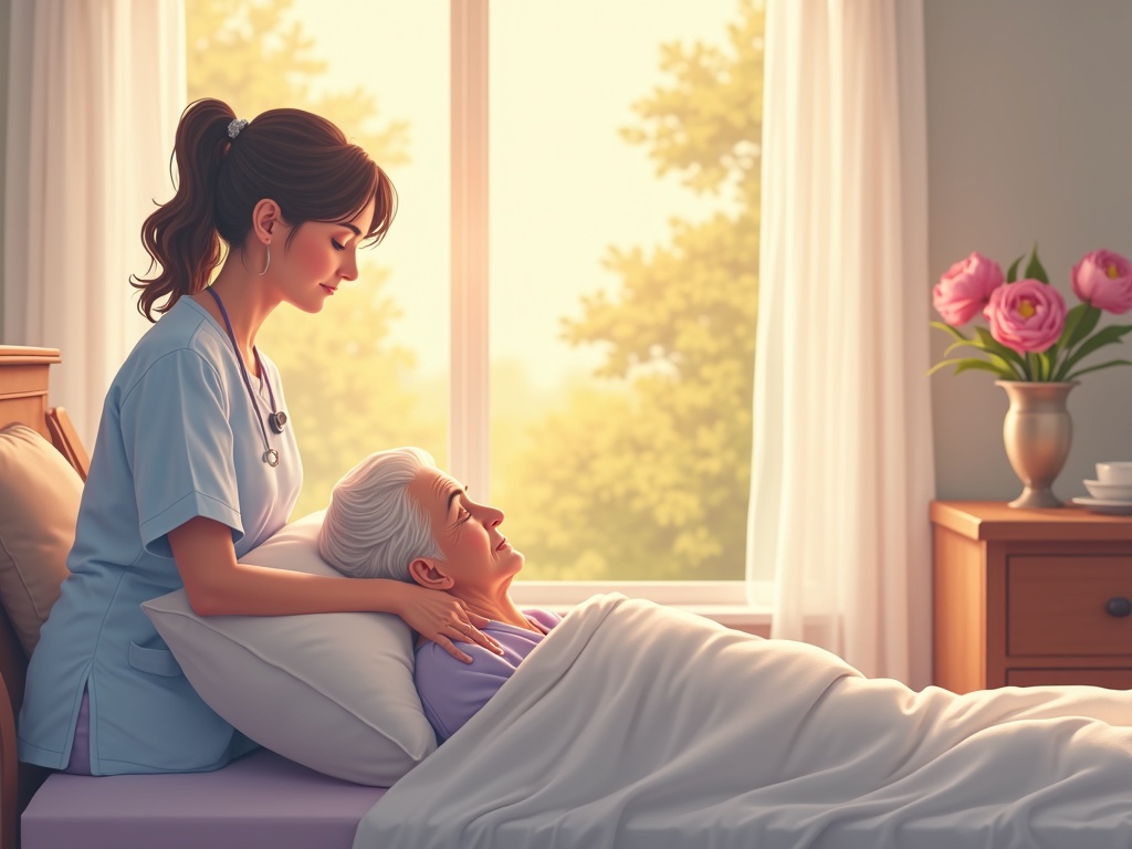 a hospice nurse performing mouth care end of life for an elderly patient in a warmly lit home bedroom