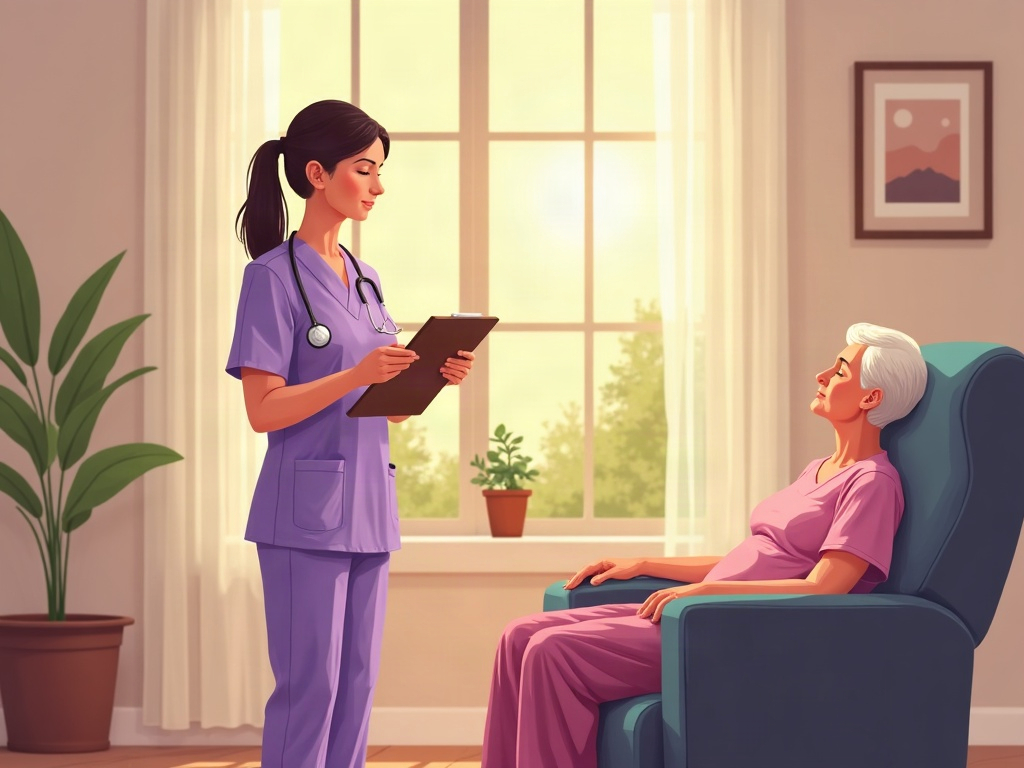 A hospice nurse providing late stage dementia what families face with hands-on comfort care for an elderly patient in a warm, sunlit home bedroom.
