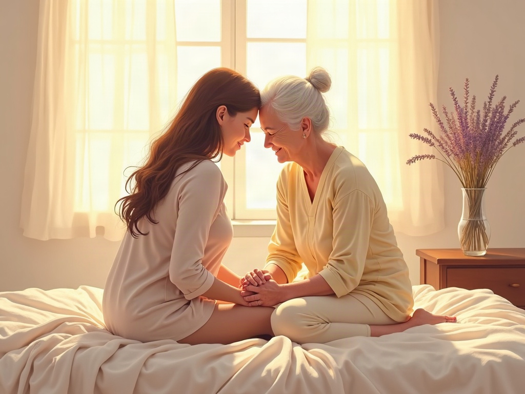 A hospice nurse providing late stage dementia what families face with hands-on comfort care for an elderly patient in a warm, sunlit home bedroom.