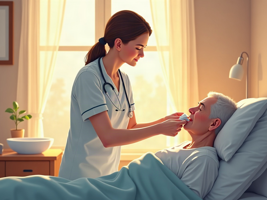 A hospice nurse providing hospice for stroke patients services by gently tending to an elderly stroke patient resting peacefully in his own sunlit bedroom