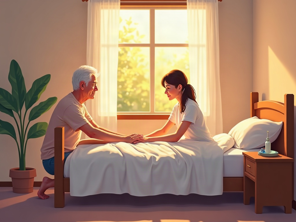 A hospice nurse providing hospice for stroke patients services by gently tending to an elderly stroke patient resting peacefully in his own sunlit bedroom