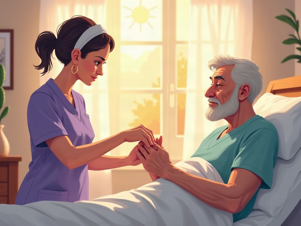A compassionate hospice nurse providing hospice for Parkinson's patients who can no longer walk by carefully repositioning a bedridden elderly patient in a sunlit home bedroom