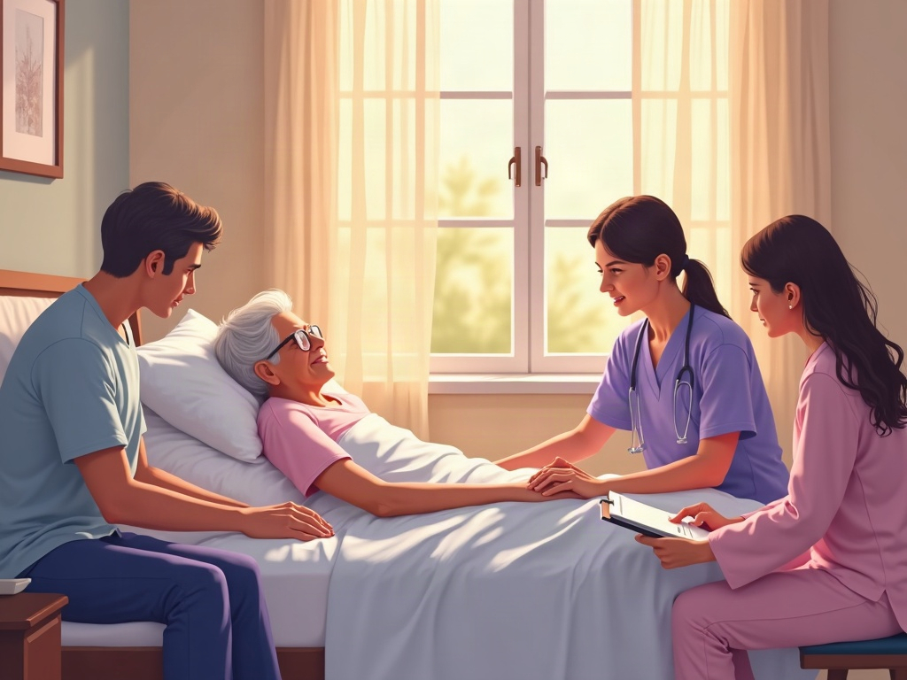 A compassionate hospice nurse providing hospice for Parkinson's patients who can no longer walk by carefully repositioning a bedridden elderly patient in a sunlit home bedroom