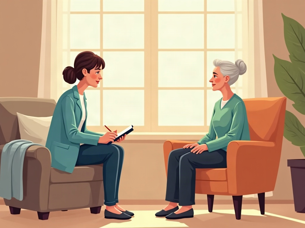 a hospice nurse providing emotional support to an elderly patient at home, reflecting the question does hospice help with depression in patients