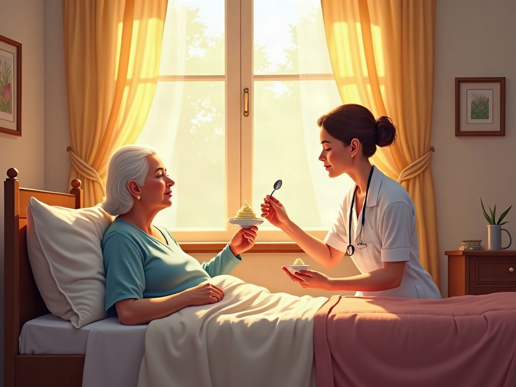 a hospice nurse providing compassionate bedside comfort care at home, illustrating what families face when asking should a dying patient be tube fed