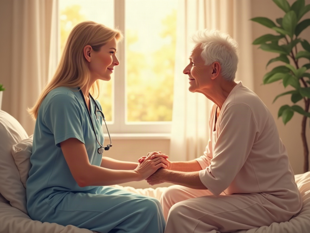 A compassionate hospice nurse providing rapid decline end of life what to expect support while sitting beside an elderly patient in a warmly lit home bedroom.