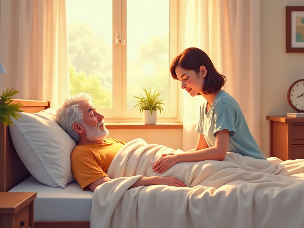 A hospice nurse providing compassionate end-of-life comfort care, illustrating how does hospice sedate patients is a common fear replaced by the reality of gentle, dignified pain management