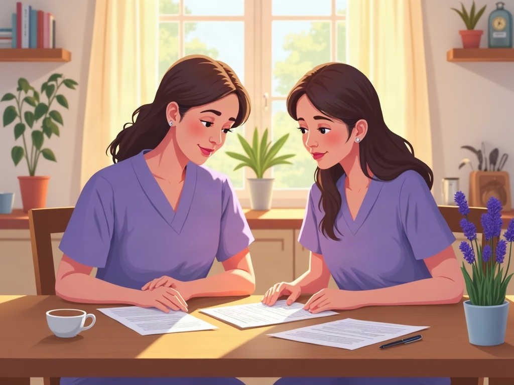 how to verify a hospice is licensed and reputable — A hospice nurse in lavender scrubs holding an elderly patient's hand in a sunlit desert home living room — illustrating the compassionate, consistent care families seek when they verify a hospice is licensed and reputable