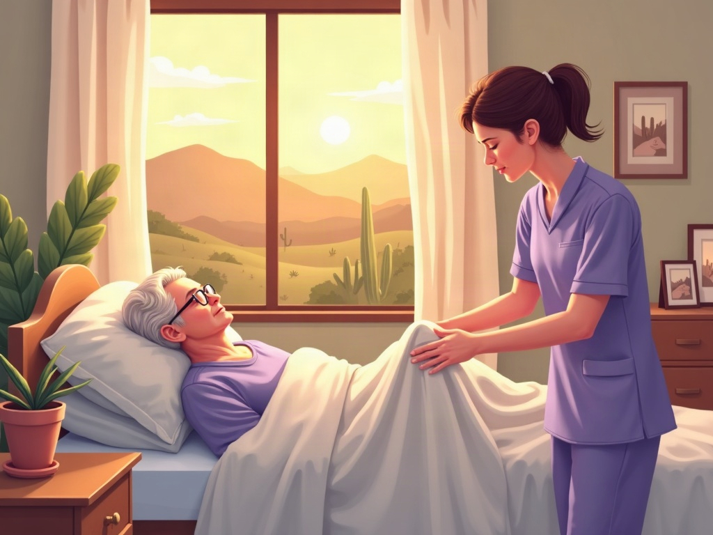 how to verify a hospice is licensed and reputable — A hospice nurse in lavender scrubs holding an elderly patient's hand in a sunlit desert home living room — illustrating the compassionate, consistent care families seek when they verify a hospice is licensed and reputable