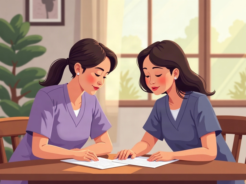 A hospice nurse in lavender scrubs holding an elderly patient's hand in a sunlit home, illustrating compassionate guidance through the how to get a parent evaluated for hospice process