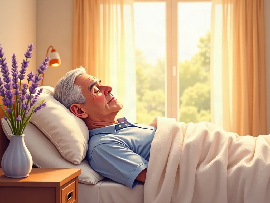 A hospice nurse in lavender scrubs holding an elderly patient's hand in a sunlit home, illustrating compassionate guidance through the how to get a parent evaluated for hospice process