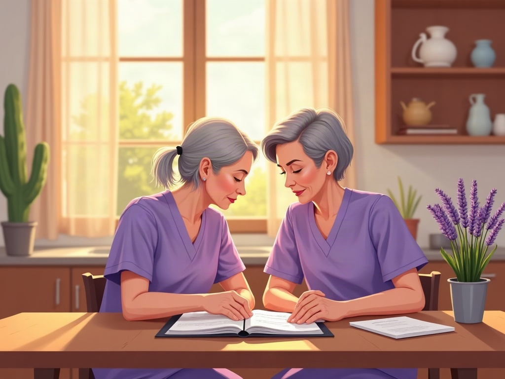 A compassionate can a family fire a hospice provider consultation showing a hospice nurse in lavender scrubs gently speaking with an elderly patient in a sunlit Arizona home living room