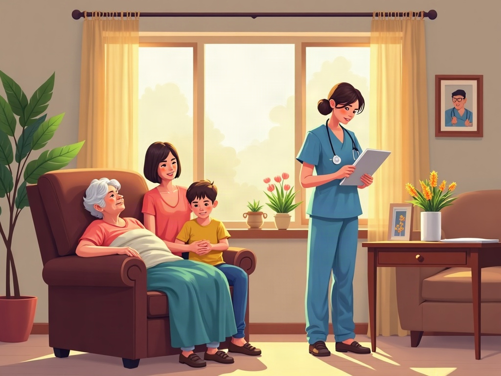 A hospice nurse holding an elderly patient's hand in a peaceful sunlit home bedroom — illustrating what is a comfort-focused care transition in practice
