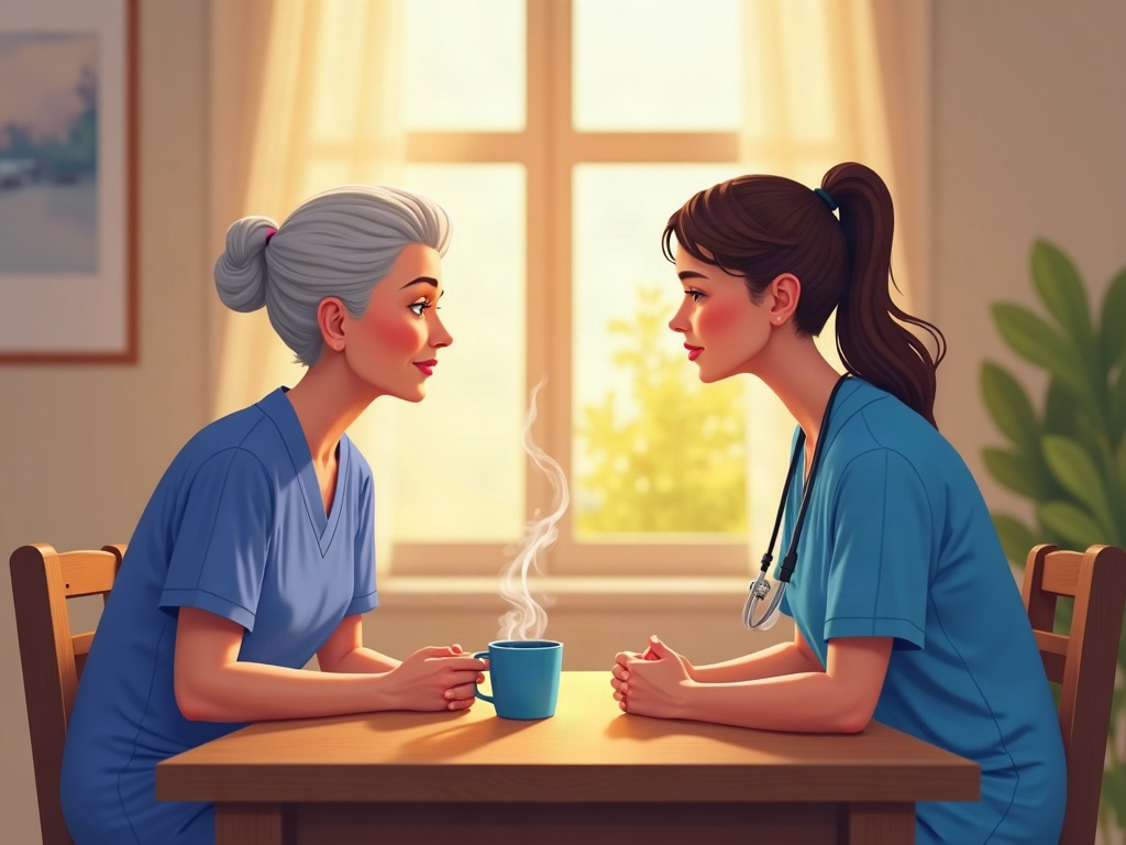 A hospice nurse holding an elderly patient's hand in a peaceful sunlit home bedroom — illustrating what is a comfort-focused care transition in practice