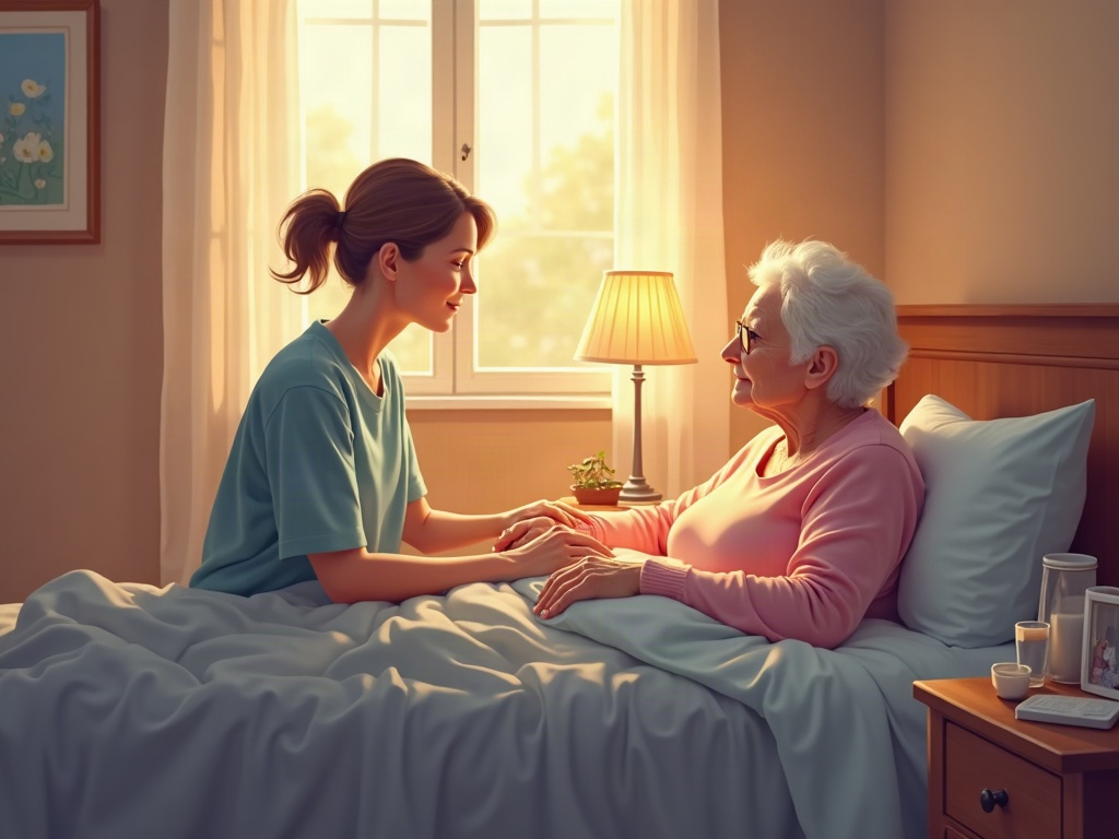 A hospice nurse and family member speaking gently to a resting patient, illustrating how does hearing remain at end of life