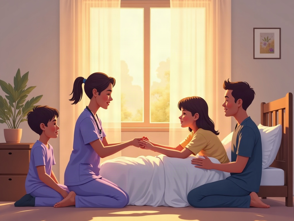 A hospice nurse and family member speaking gently to a resting patient, illustrating how does hearing remain at end of life