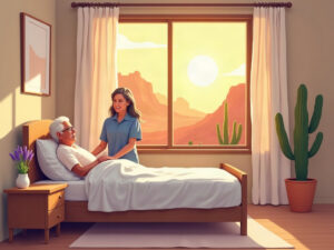 An elderly hospice patient resting peacefully in a sunlit Arizona home bedroom while a family caregiver holds his hand, illustrating what does a good day look like on hospice.