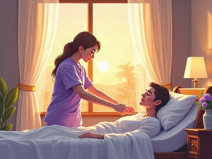 A compassionate hospice nurse in lavender scrubs tending to a comfortable patient in a sunlit Arizona home bedroom — showing what does a good day look like on hospice